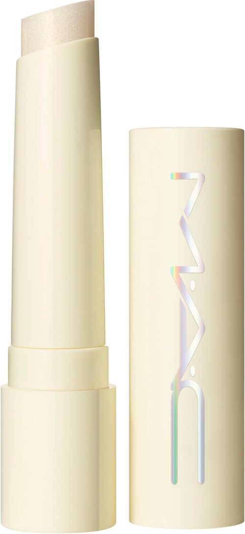 En beige makeup-stav med lock, bredvid en matchande cylinderbehållare med glänsande text.