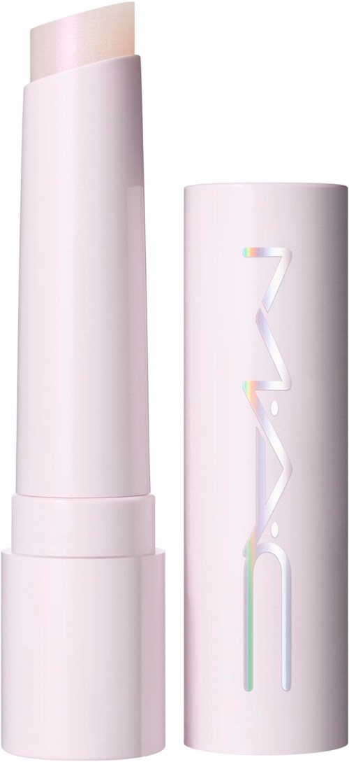 Ett vitt rör av makeup eller kosmetikprodukt med holografisk text på locket.