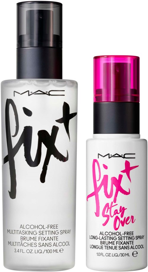 Two bottles of MAC Fix+ setting sprays, one clear with black cap, one white with pink cap.
