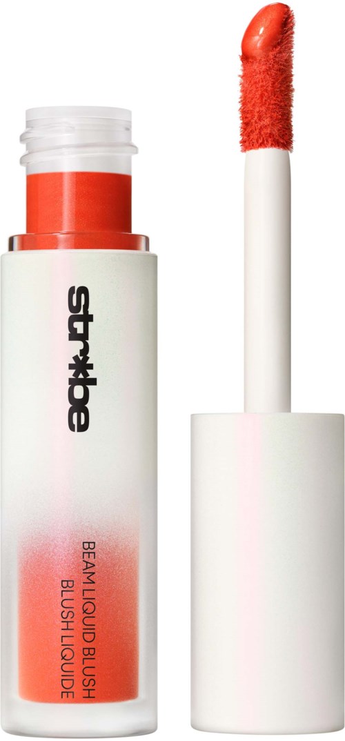 Lippenbalsem tube met een witte basis en rode-oranje kleur erin, met een applicator die rood-oranje glans toont.