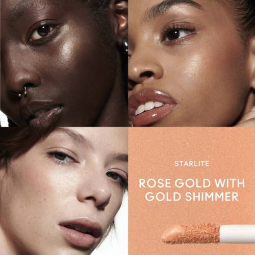 Viser forskellig kvinder med strålende hud og et makeup-produkt til roseguld med gyldne glimmer.