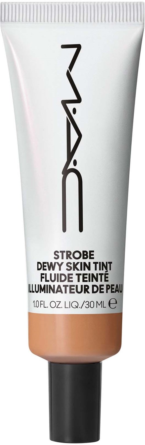 NARS Strobe Dewy Skin Tint valkoisessa putkissa, musta logo, beige-tuote ja musta kansi.