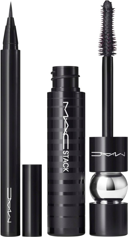 Make-up set met een pen, een houder en een mascara borstel in zwart en zilver.