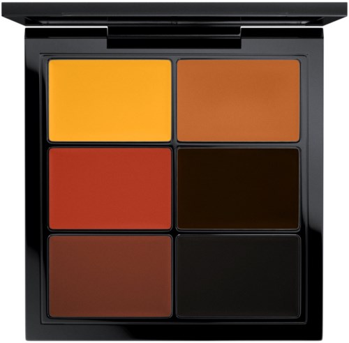 Een zwarte palette met zes grote vakken in warme kleuren: geel, oranje, rood, bruin en zwart.