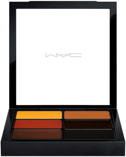 Een make-up pallet met zes tinten bruin, oranje en rood in een zwart kistje.