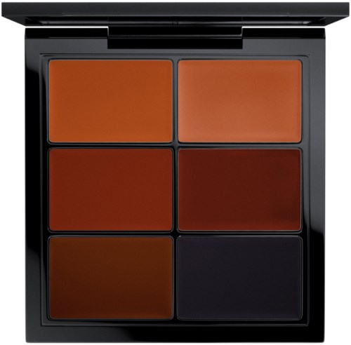 Een make-up palette met zes tinten warm bruin en zwart in een zwart doosje.