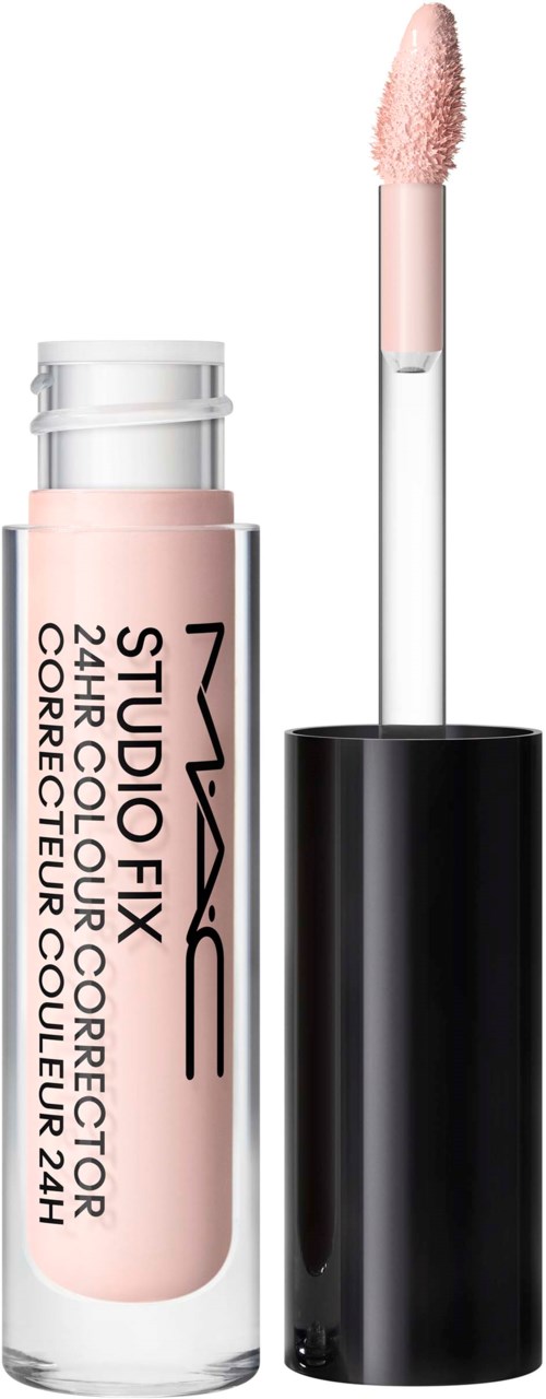 Lip gloss bottle with a black cap and a wand applicator. The label shows it is MAC Studio Fix 24-hour color corrector.