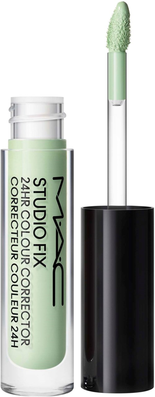 Lip gloss tube with a black cap and a light green gloss applicator.