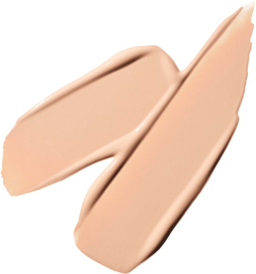 Twee strepen licht beige make-up foundation op een witte achtergrond.