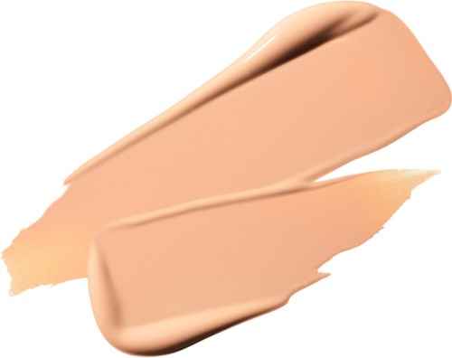 Een beige vloeibare foundation met een glad, romige textuur en dekking, gesmeerd op een witte achtergrond.