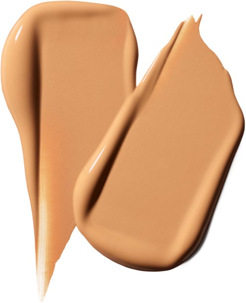 Twee strepen van beige gekleurde crème die op een witte achtergrond wijzen op een cosmetisch of voedselproduct.