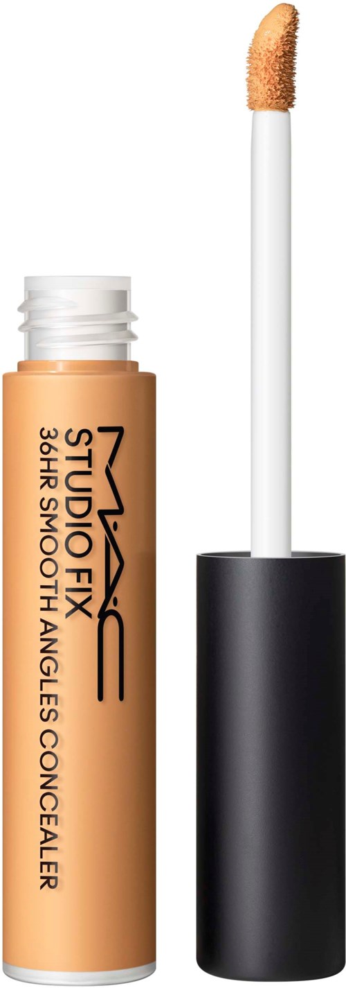 Een beige concealer tube met een zwarte dop en een witte applicator met sponsdop.