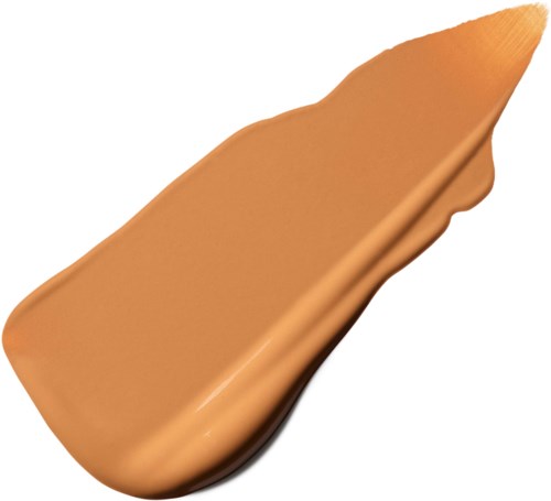 Een make-up spons met een puntige top, beige kleur en licht gebogen vorm.