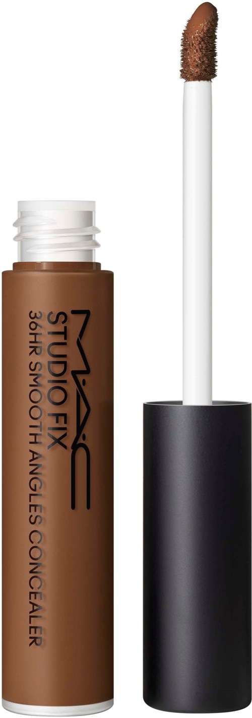 Een bruine MAC-lippenproduct met zwarte dop en witte applicatorstift, klaar voor gebruik.