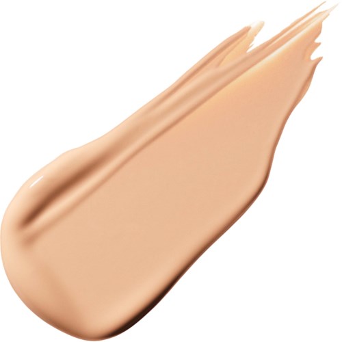 Een gladde, beige vloeistofvlek met een lichte glans, gevormd in een zachte boog en subtiele textuur.