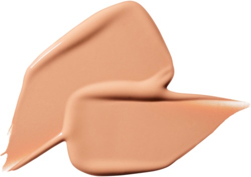 Twee streken beige foundation of concealer, tonen glad, romig textuur en lichte kleur.