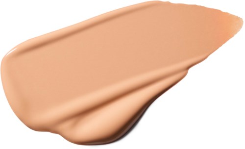 Een teststip van beige foundation met een gladde textuur en lichte glans.