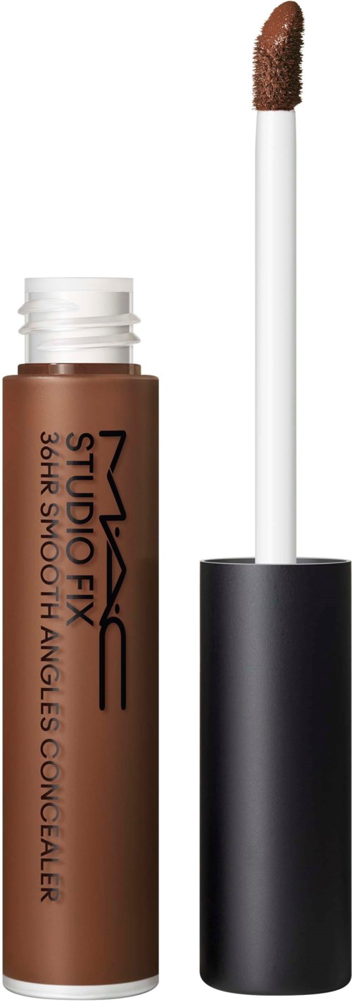 Lippenbalsemtubje met applicator, bevat een bruinachtige kleur. Het merk is MAC met 'Studio Fix' label.