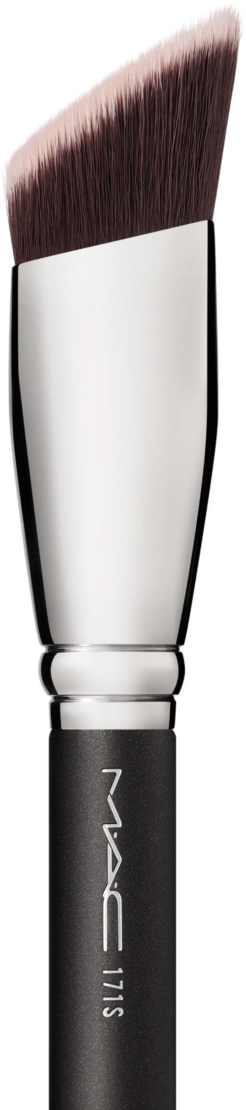 Pędzelek do makijażu z białą i czarną rączką i brązowymi włóknami. Rączka ma logo MAC i numer produktu.