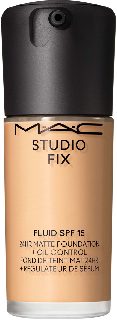 Eine Flasche MAC Studio Fix 24-Stunden-Mattgrundierung mit SPF 15 und Ölregulierung. Schwarzer Verschluss, beiger Flakon.