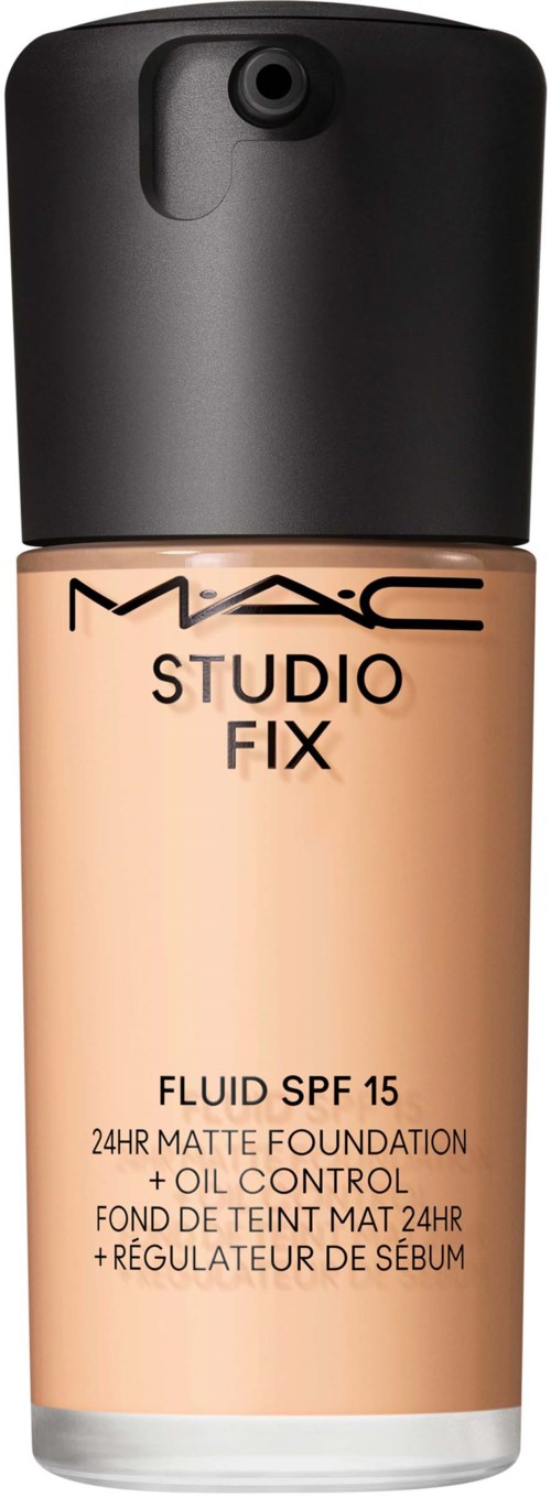 Flasche mit MAC Studio Fix Flüssigfoundation mit SPF 15 und mattem Finish. Schwarzer Deckel, beiger Flasche.