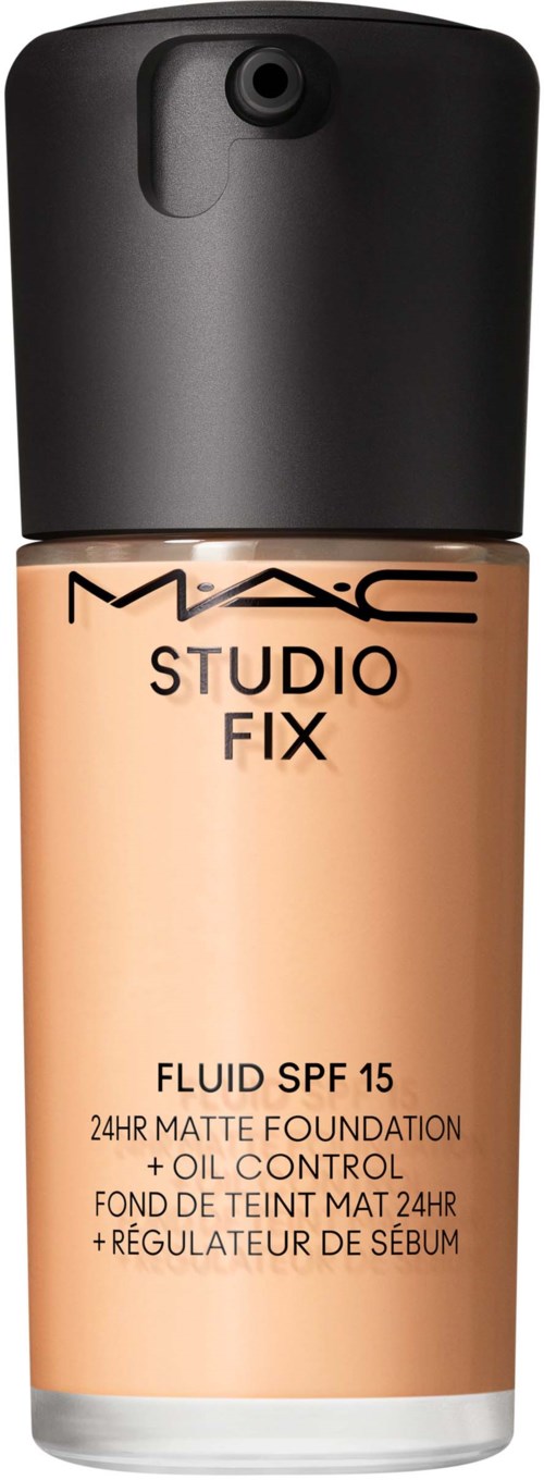 Eine Flasche MAC Studio Fix Foundation mit SPF 15 und Öl-Kontrolle, mattem Finish, für 24-Stunden-Tragen.
