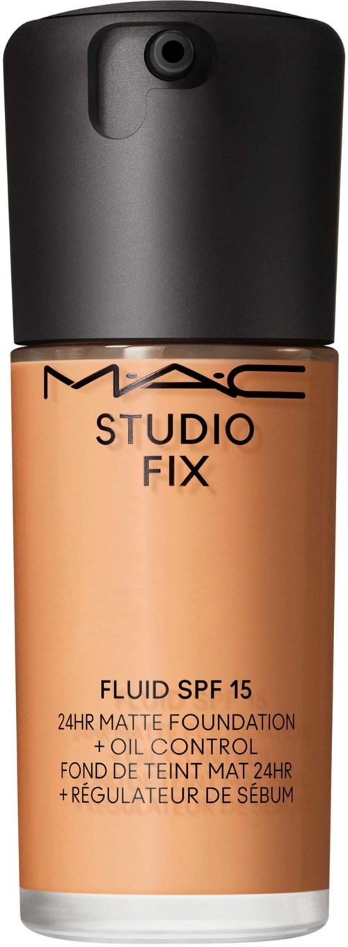 Ein Foundation-Flasche mit MAC Studio Fix, SPF 15, Ölkontrolle und mattem Finish. Schwarzer Deckel und beiger Flasche.