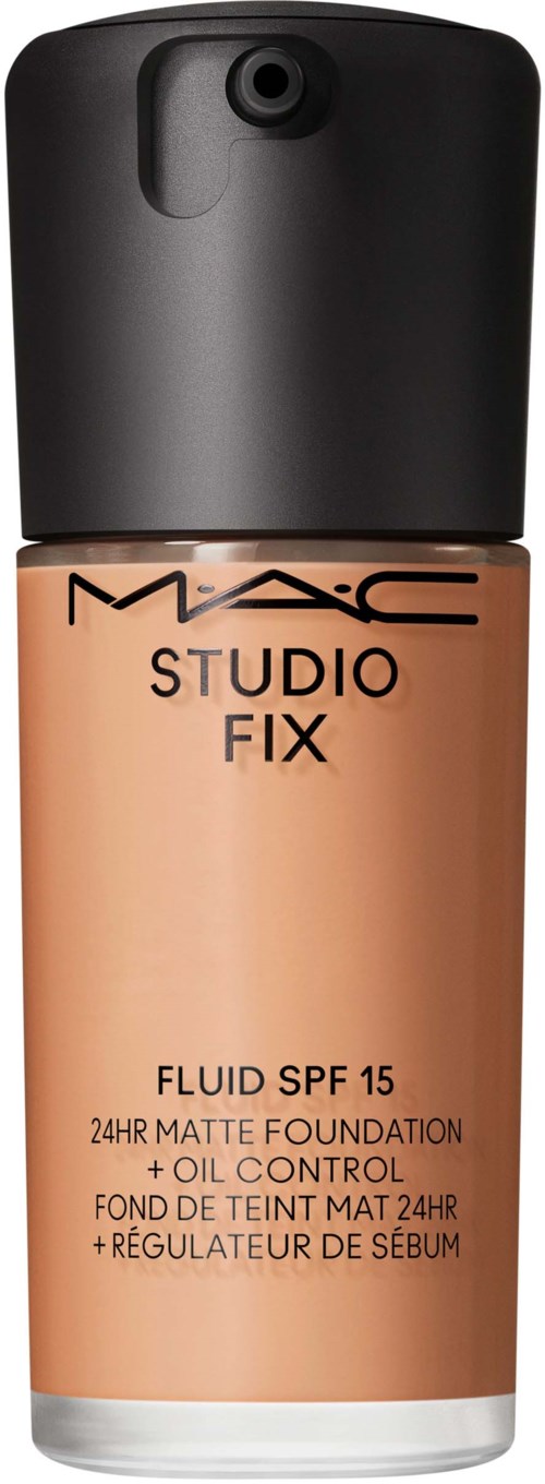 Eine Flasche MAC Studio Fix Flüssigfoundation mit SPF 15 und Öl-Kontrolle, in einem beigen Behälter mit schwarzem Deckel.