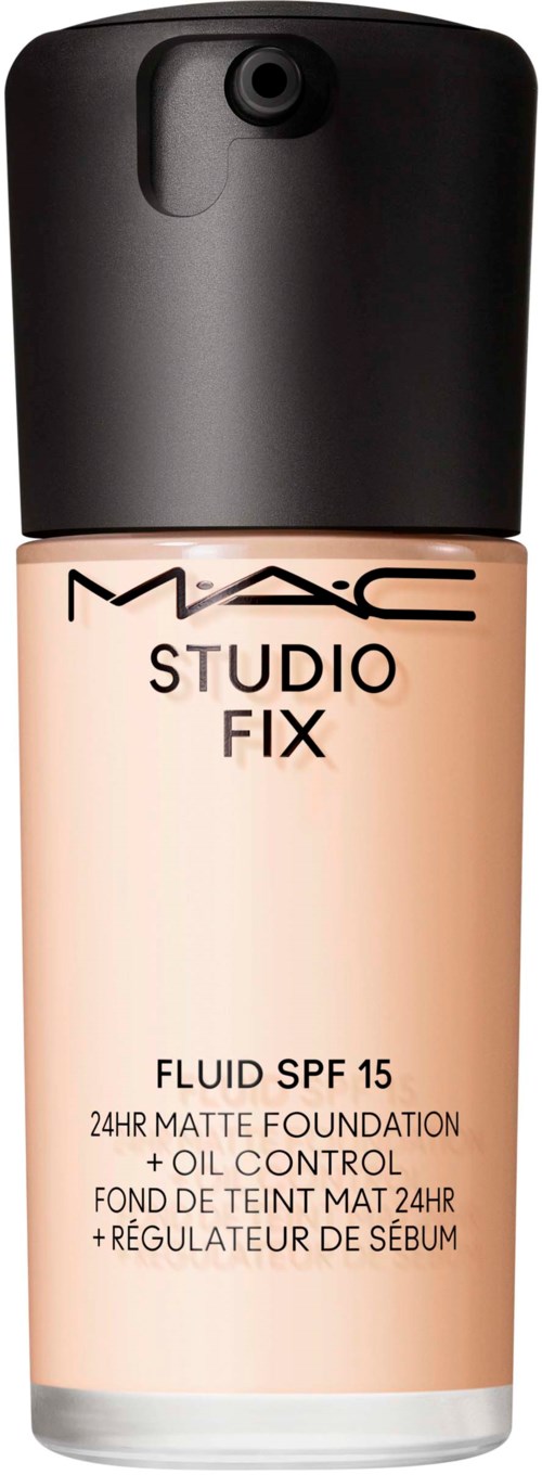 Eine Flasche MAC Studio Fix flüssige Foundation mit SPF 15 und Ölkontrolle, in beige und schwarz.