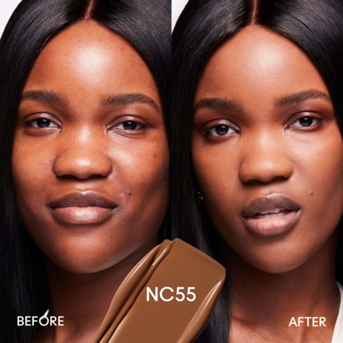 Eine Frau zeigt eine Make-up-Transformation mit einem Logo 'NC55' unten. Vorher-Nachher-Vergleich.