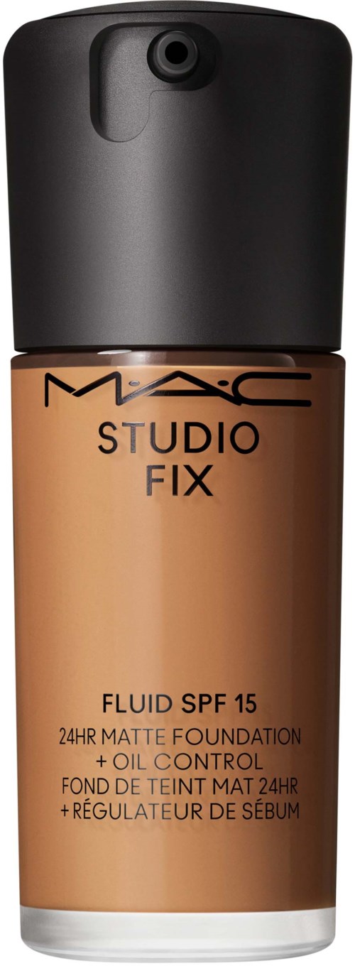 Foundation-Flasche mit schwarzem Deckel, gekennzeichnet MAC Studio Fix, SPF 15, mattes Finish, Ölkontrolle, für 24 Stunden Tragezeit.