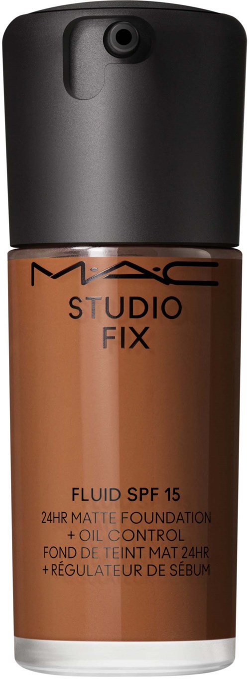 Eine Flasche MAC Studio Fix Flüssigfoundation mit SPF 15, mattem Finish und Ölkontrolle für 24 Stunden.