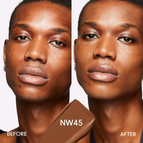 Vergleichsbild eines Gesichts vor und nach Make-up oder Hautpflege mit Foundationfarbe NW45.