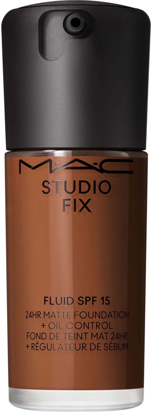 Eine Flasche MAC Studio Fix Foundation mit SPF 15 und Ölregulierung in brauner Farbe, mit schwarzem Verschluss.