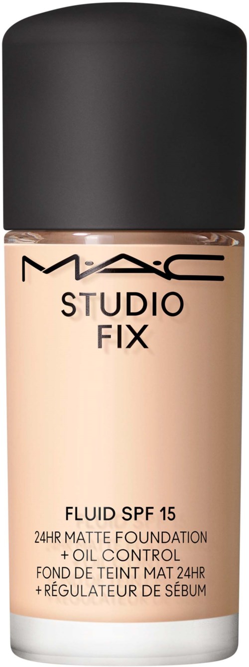 MAC Studio Fix Fluid SPF 15 Foundationflasche mit beige Flüssigkeit und schwarzem Deckel.