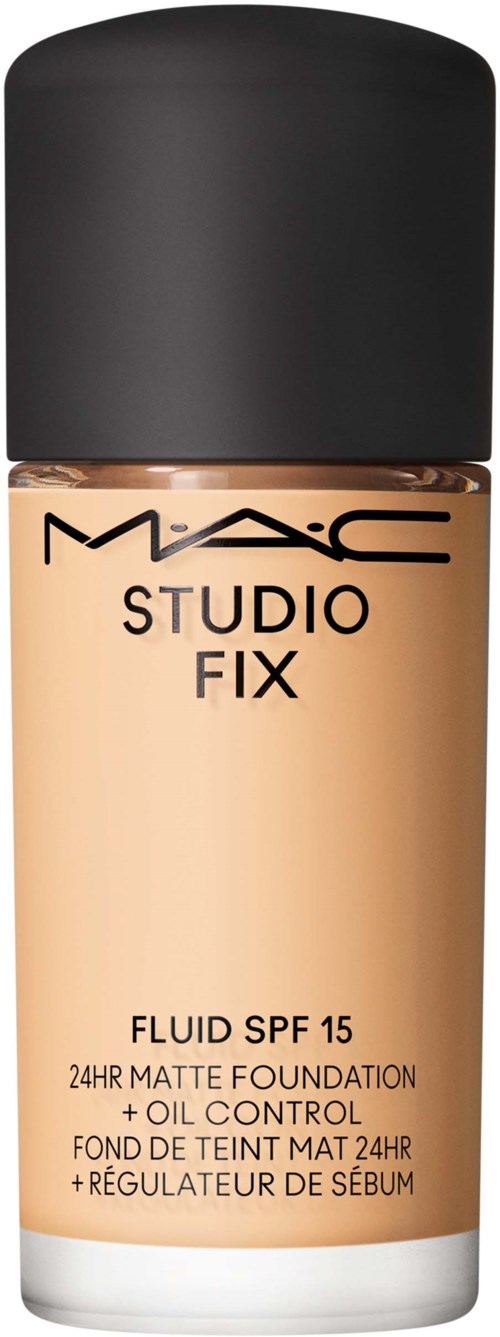 Flasche MAC Studio Fix Flüssigfondation mit SPF 15, Ölkontrolle, mattem Finish und 24-Stunden-Tragekomfort.