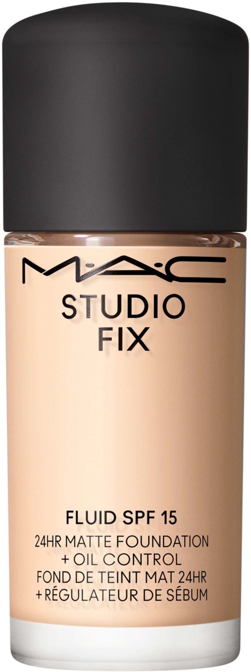 MAC Studio Fix Foundation-Flasche mit SPF 15, Ölkontrolle und mattem Finish, in beiger Flüssigfoundation.