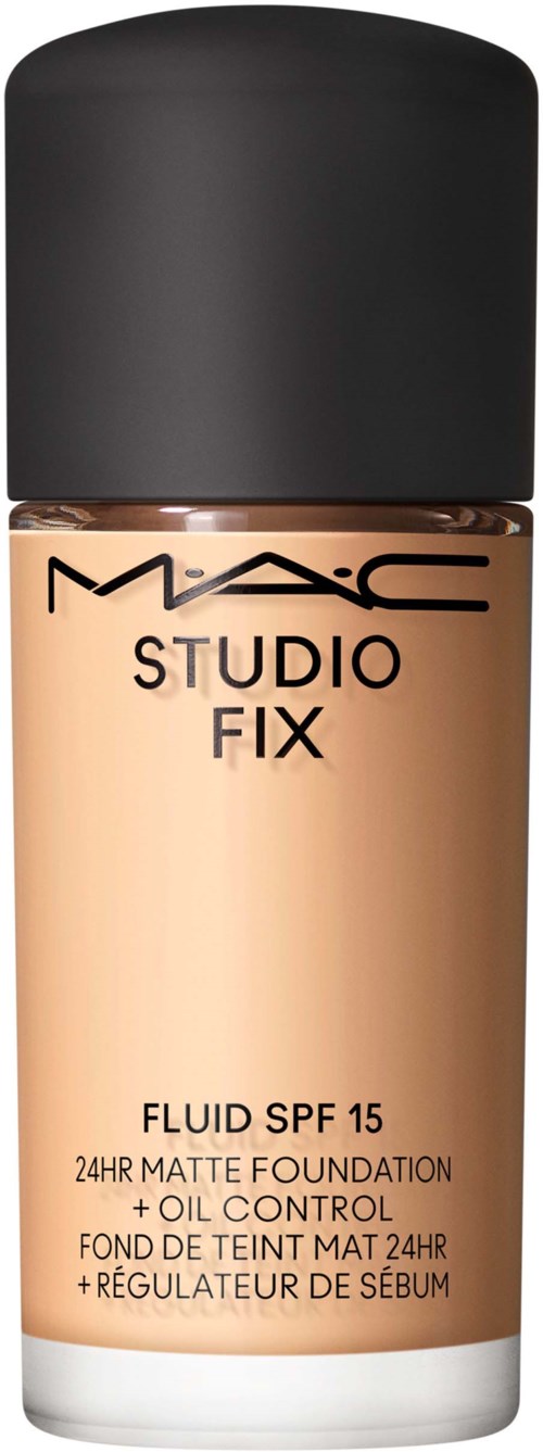 MAC Studio Fix Fluid SPF 15 Foundationsflasche mit schwarzem Deckel und beiger Etikett.