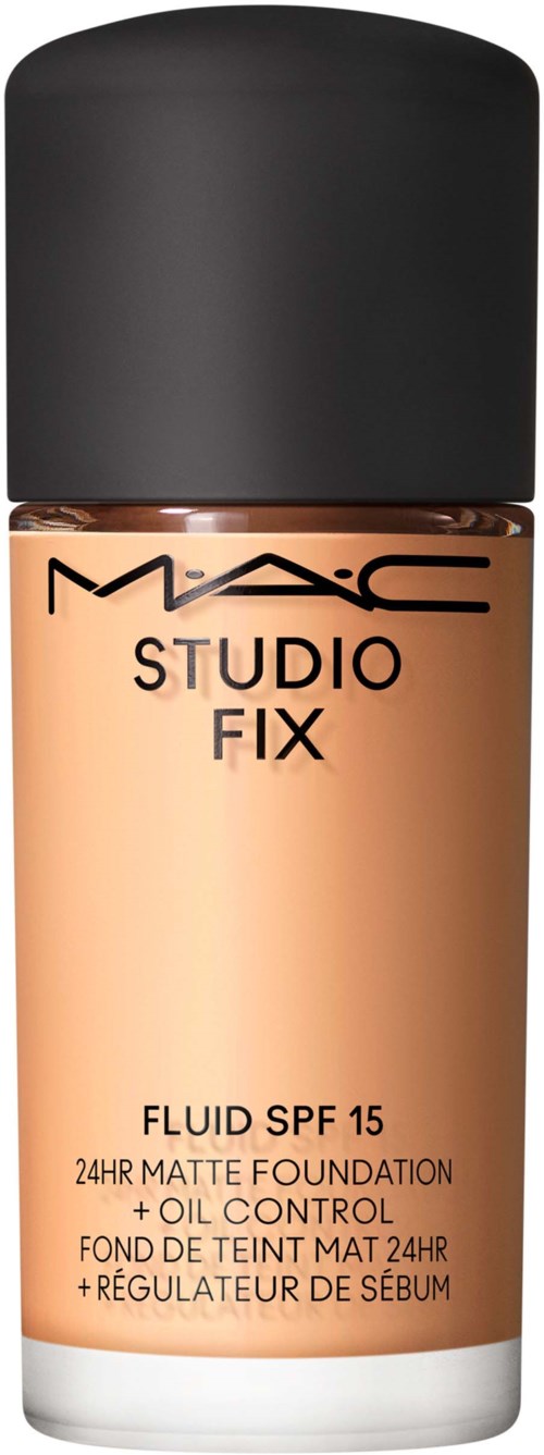Eine Flasche MAC Studio Fix Fluid SPF 15 Foundation, mattene Oberfläche, Ölkontrolle, in beiger Farbe mit schwarzem Deckel.