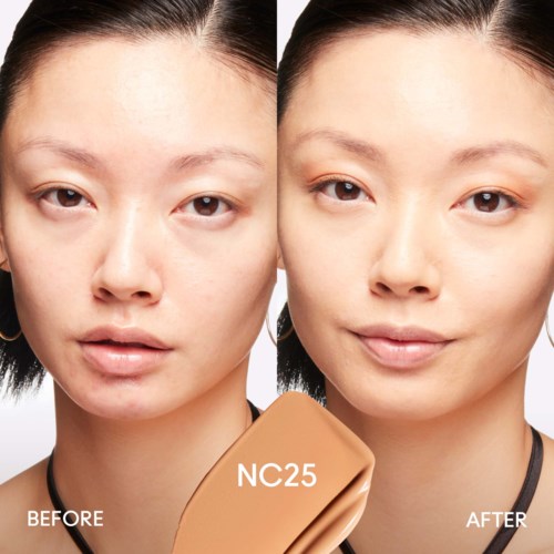 Vergleich vor und nach Make-up oder Hautpflege, gekennzeichnet mit NC25 Farbton.