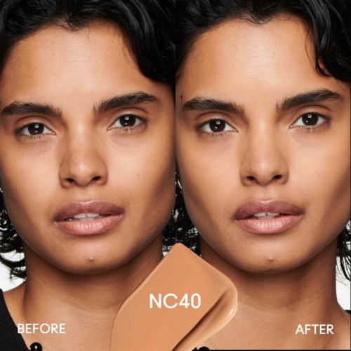 Zwei nebeneinander liegende Fotos zeigen die Haut vor und nach der Anwendung des Make-up-Korrektors NC40.
