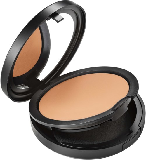A compact makeup case with a mirror, containing beige pressed powder for face use.