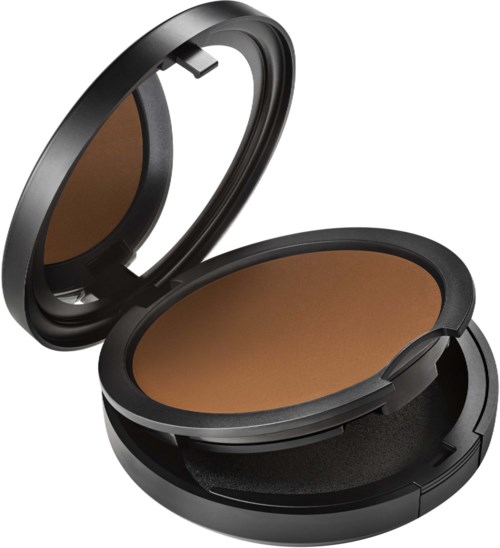 A compact makeup mirror with brown powder inside, open display, simple black case.