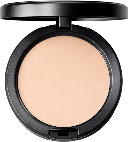 Black round makeup compact with a lid, open to show beige powder inside.