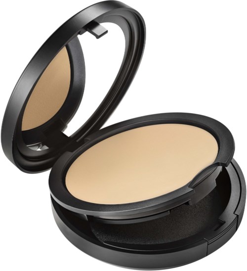 A compact black makeup case with a mirror and beige pressed powder inside.