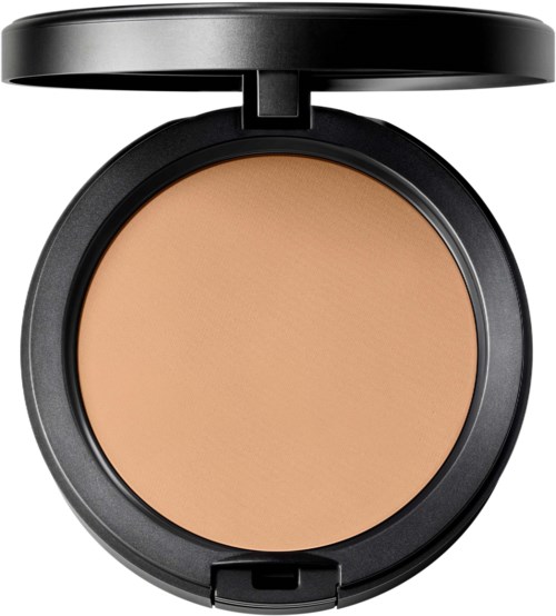 A compact powder case with beige pressed powder and a black lid that opens.