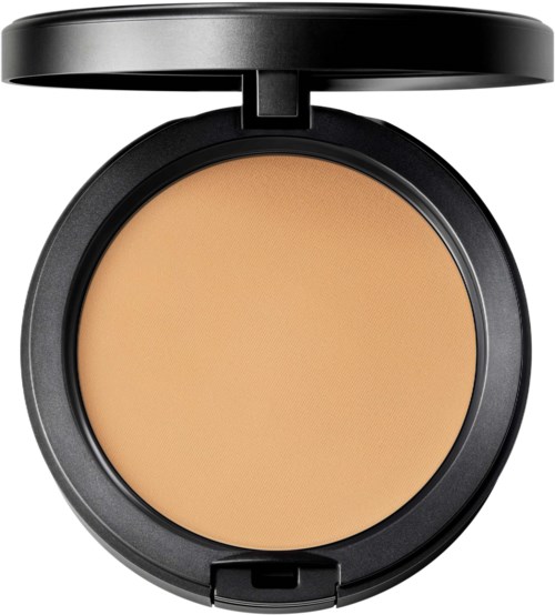 A round compact with beige powder inside, open lid, black case, simple design, used for makeup.