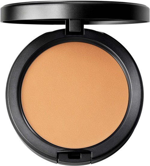 A round black compact with beige powder inside and a flip-open lid. No visible brand or label.