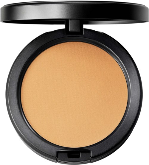 A compact powder makeup case with a beige pressed powder inside and a lift-up lid.