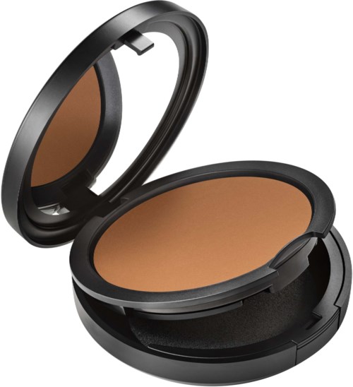 A compact, round makeup case with a mirror, containing brown pressed powder, designed for cosmetic use.